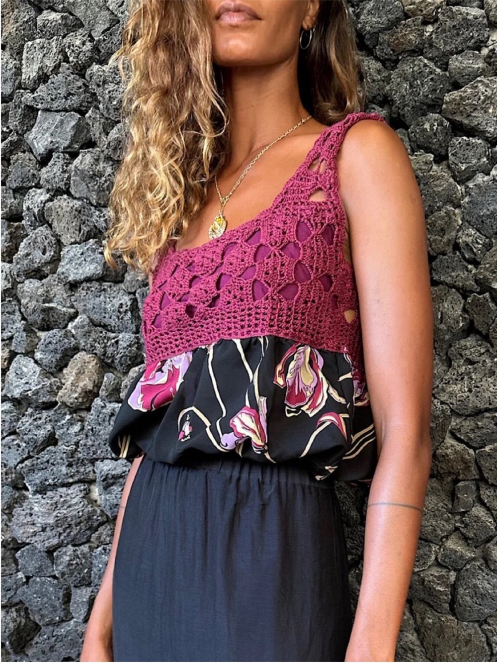 Chasing Unicorns 🥀 Crochet Silk Crepe Camisole {Wild Aster print} sz M - Picture 5 of 13